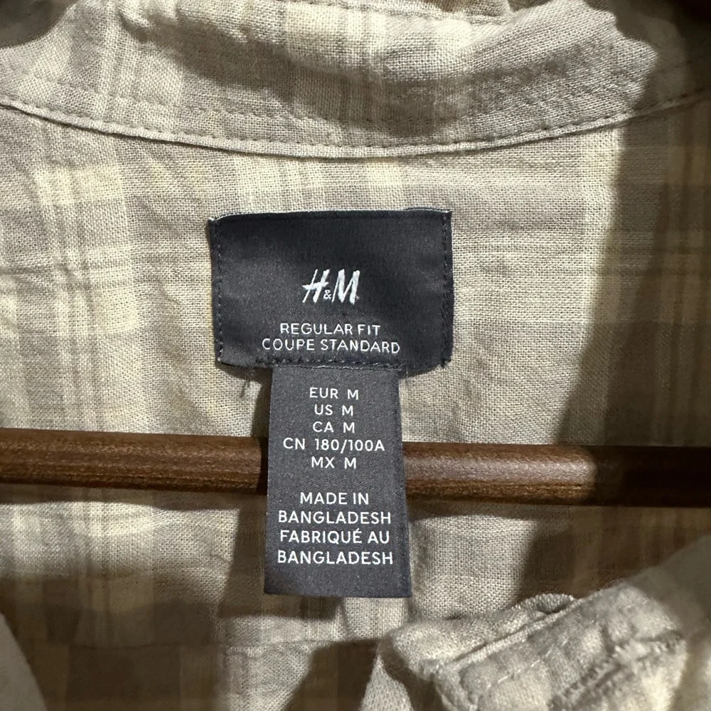 H&M Linen Cotton Blend Beige Plaid Button Down Size M - Picture 4 of 5
